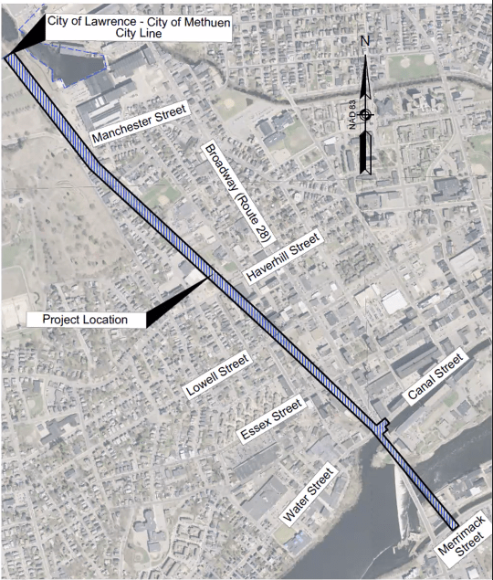 An aerial view of the project area showing the 1.4 mile proposed path extending from Merrimack Street in Lawrence to the Lawrence/Methuen City line to the northwest. Courtesy of MassDOT.