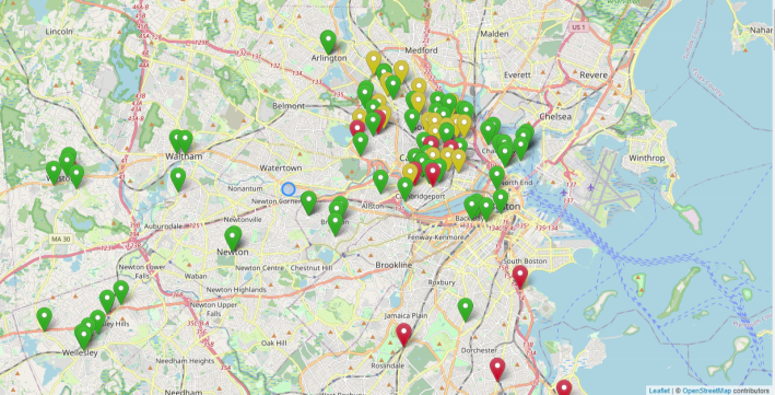 Screenshot of Amith Saligrama’s map shows public bathroom locations across the region including locations in cities and suburbs outside Boston. The red markers represent fare-controlled or partially inaccessible bathrooms, the yellow markers represent seasonal bathrooms, and the green markers represent the free, year-long bathrooms.