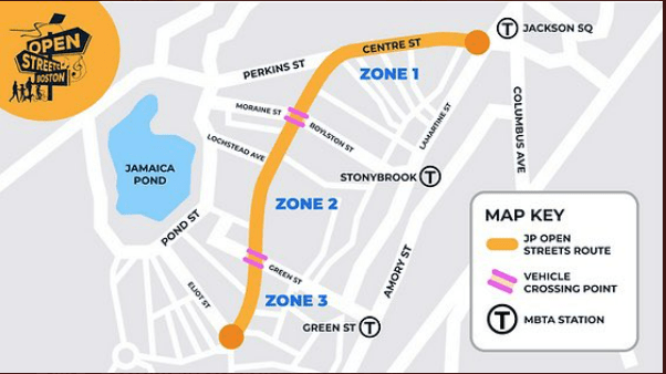Map showing the stretch of road closed off to cars during Jamaica Plain’s Open Street celebrations this Sunday from 9 a.m to 3 p.m. “Centre Street will be closed to traffic beginning at 7 a.m. from Jackson Square to Centre/South. Towing on Centre St. will begin at 1 a.m,” according to the City of Boston. Graphic courtesy of the City of Boston.