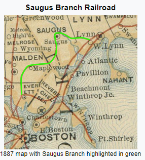 A sepia-toned historic map of the Saugus Branch railroad line in Lynn, Malden, and East Boston.