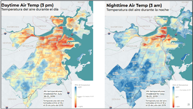 Temperature comparison across different Boston neighborhoods in the daytime vs nighttime based on modeling conducted as part of Boston's Heat Plan. Courtesy of the City of Boston.