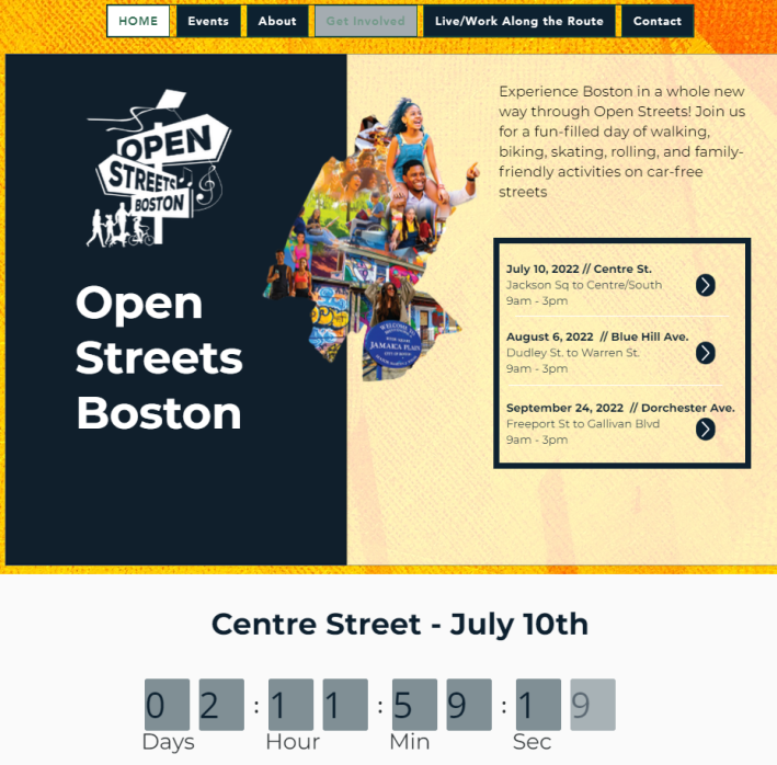 Snapshot of the City of Boston’s website for their Open Streets Boston initiative of three events throughout the summer with the first one launching this Sunday in Jamaica Plain from Jackson Square to Centre/South Street.