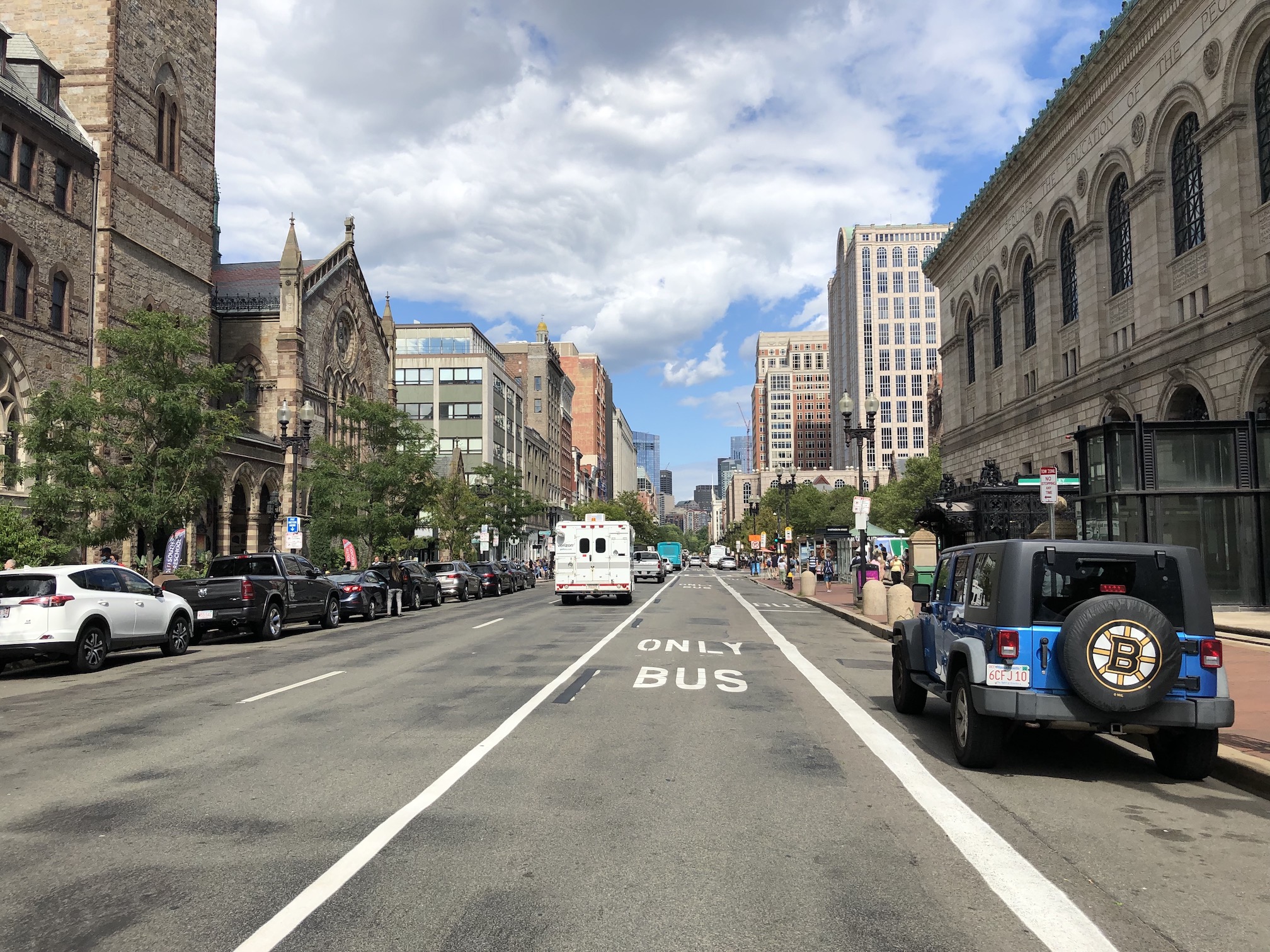 A view down an empty "bus only" lane on Boylston Street, looking towards downtown Boston, on the day before Orange Line replacement bus shuttle service takes effect.