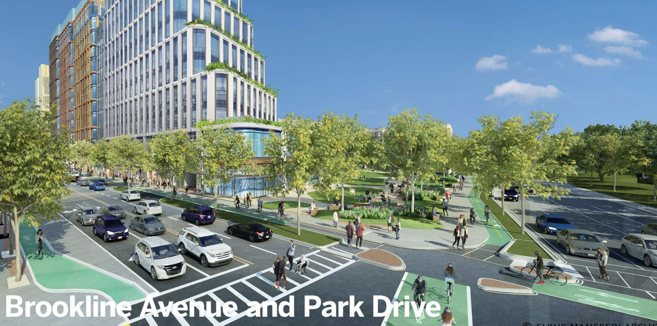 A rendering of a proposed high-rise lab building on Brookline Avenue in the Fenway shows proposed new two-way bike paths (lower right) that would provide a protected connection between the Fenway neighborhood to Longwood, via Brookline Avenue, and to the Riverway. Courtesy of the BPDA.