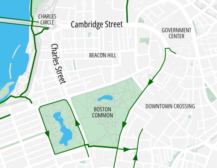 Map of downtown Boston and Beacon Hill highlighting how Cambridge and Charles Streets are gaps in Boston's downtown protected bike lane network (which circles the Boston Common and Public Garden, outlined in green lines) and the Longfellow Bridge to Kendall Square in Cambridge (at upper left).
