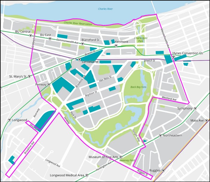 A map of the Kenmore Square and Fenway neighborhoods in Boston, with a pink line outlining the proposed study area, which runs along the Charles River to the north, Mass. Ave. to the east, the Fenway and Ruggles Street to the south, and the city line to the west. The line also jogs around Brookline Avenue to include that street through the Longwood Medical Area.