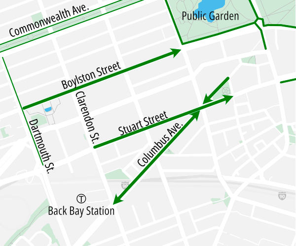 A map of the Back Bay neighborhood of Boston showing proposed pop-up protected bike lanes that the City of Boston plans to implement with cones and barrels during the month-long closure of the Orange Line.
