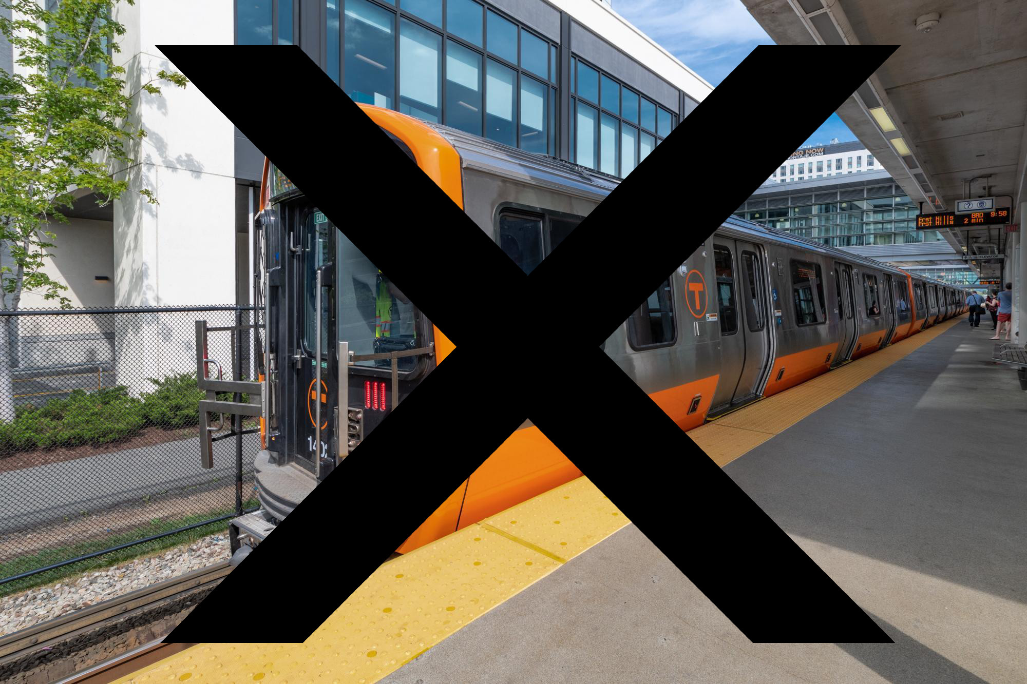 An illustration of a new Orange Line train with a large X through it