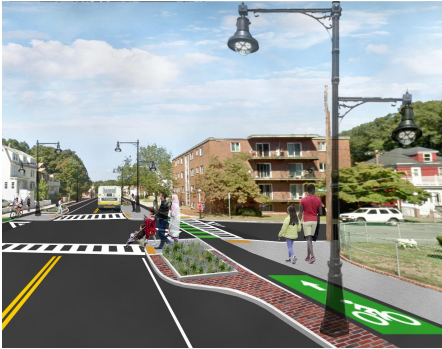 rendering showing a bike lane, crosswalks, curb bump out