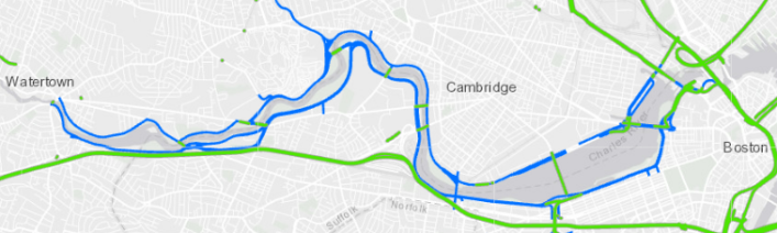 Blue lines represent roads that fall under DCR’s jurisdiction. Green lines represent roads that fall under the jurisdiction of MassDOT. Memorial Drive is a four-lane roadway separating Cambridge residents and visitors from the Charles River and its accompanying green spaces. Courtesy of MassDOT.