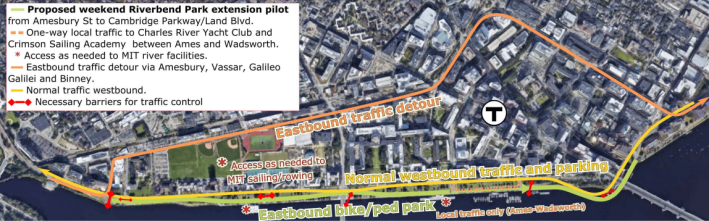 Rendering showing the boundaries of the proposed pilot to expand closures along Memorial Drive between Amesbury Street and Land Boulevard near MIT. Courtesy of the City of Cambridge.