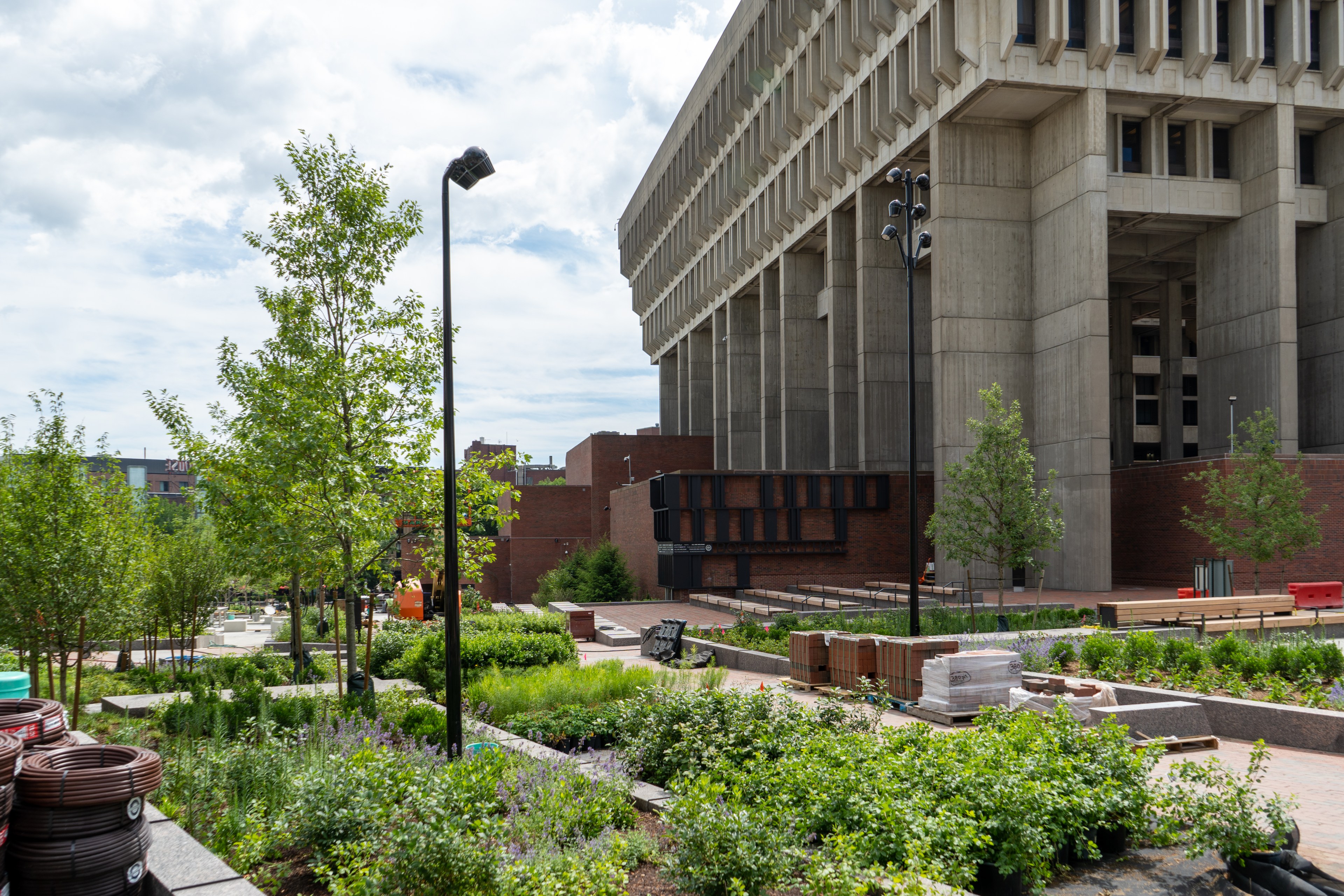 Various plantings, green shrubs, and trees on the side of Boston City Hall plaza