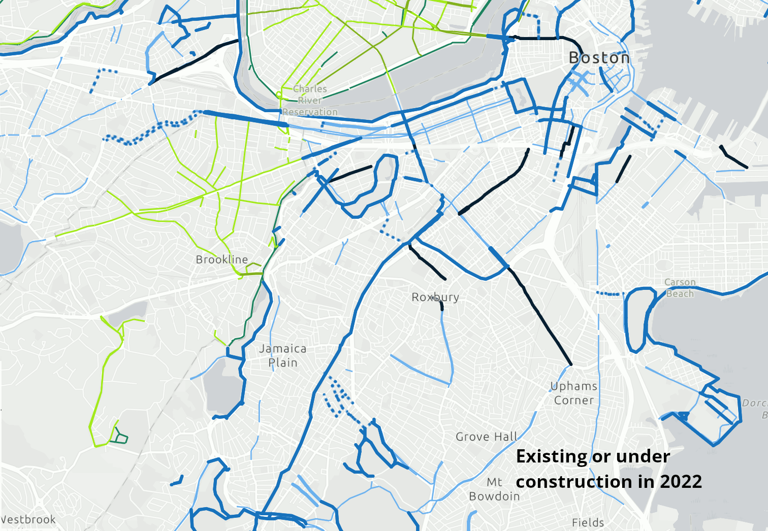 A map of Boston's current bike network and new infrastructure announced by the Wu administration on Tuesday. Bold orange lines indicate new protected bike lanes and yellow lines indicate new contraflow bike lanes on one-way streets. Dark blue lines indicate protected bike lane projects already in progress, including Tremont Street in the South End and Ruggles Street in Roxbury.