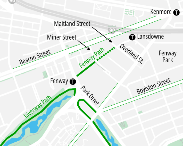 Locator map of trails in the Fenway neighborhood, with the Riverway in the southwestern corner of the map and Kenmore square in the northeastern corner. A new path segment under construction will extend the Riverway's network of off-street pathways one block closer to Kenmore Square and the Lansdowne regional rail station.