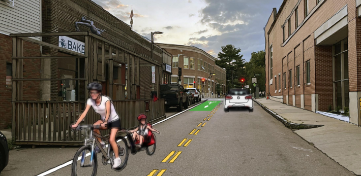 A rendering of the proposed "contraflow" bike lane on Green Street in Jamaica Plain.