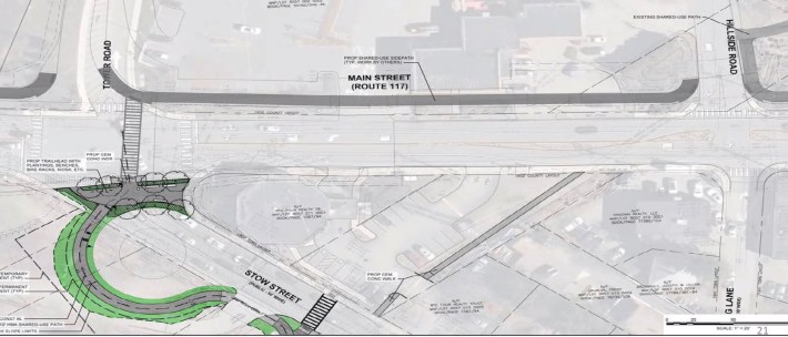 The proposed trail would cross Waltham's Main Street/Route 117 at a traffic signal near Stow Street, then continue along a short side-path on Route 117 to the existing trail segment that starts at Hillside Road. An unrelated roadway project associated with nearby office park developments would widen Route 117, reconfigure the I-95 interchange, and close the end of Stow Street to motorized traffic from Main Street. Courtesy of Mass. DCR.