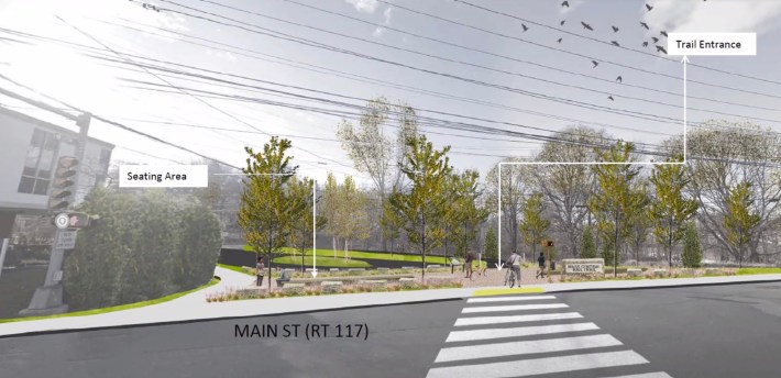 A rendering of the proposed trail entrance at Main Street and Stow Street, the northern end of which will be closed off to motorized traffic. Courtesy of Mass. DCR.