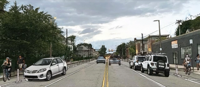 An animated gif showing how existing paint-only bike lanes on South Huntington Avenue in Jamaica Plain will be converted into parking-protected bike lanes, by switching the positions of the on-street parking with the bike lanes.