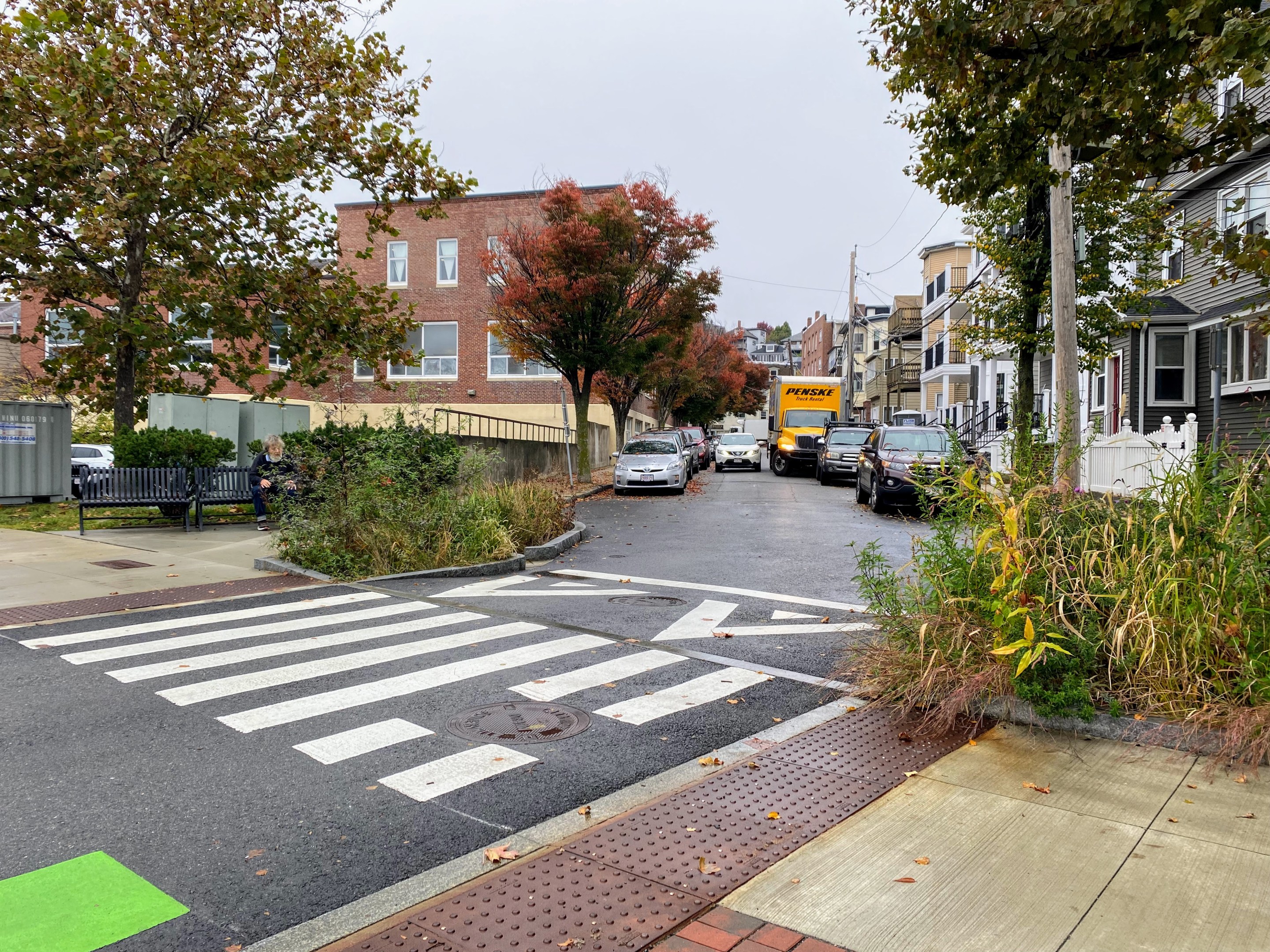 a white striped crosswalk with two vegetated curb extensions on either side.