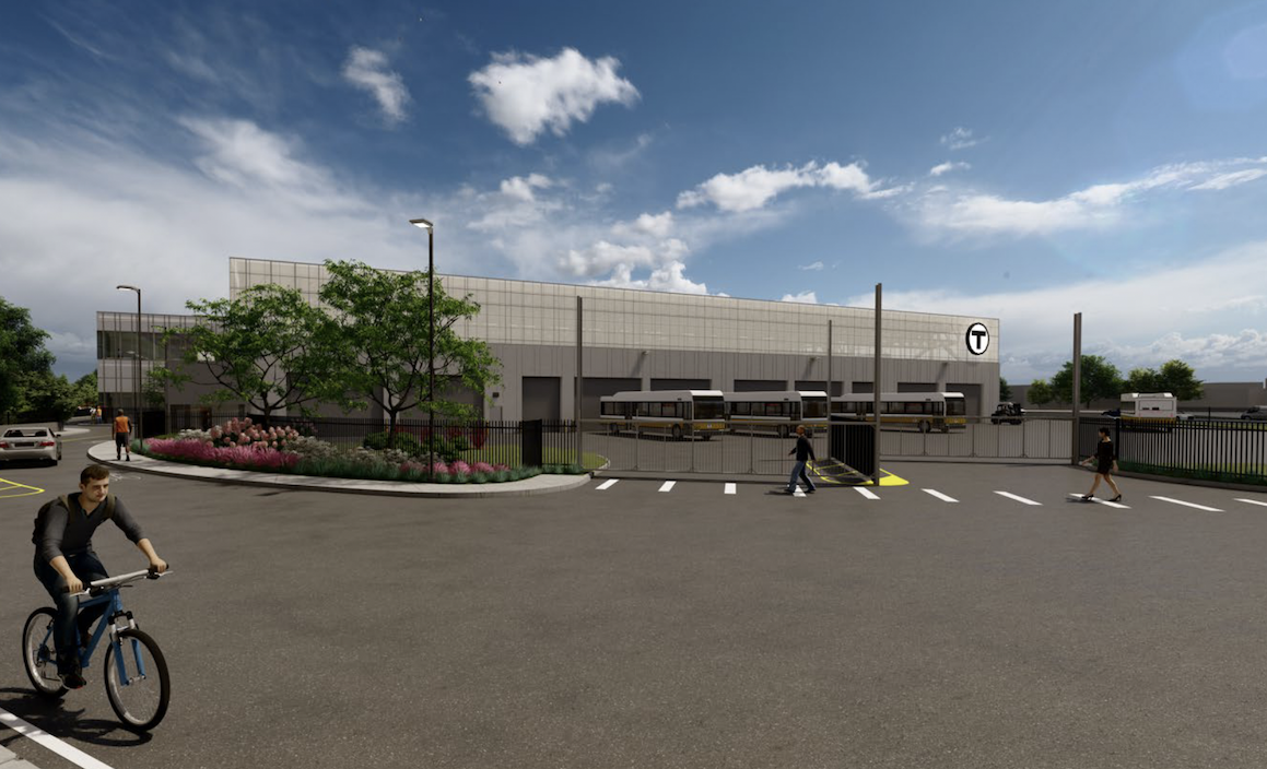 A rendering of a new bus garage, showing a gray, low-slung building with eight garage doors facing the viewer, and three black-and-yellow MBTA buses parked in the lot in front. In the foreground, a bike rider and two pedestrians walk along the garage driveway. The MBTA's "T" logo is visible on the top of the building.