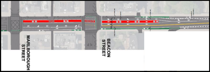 Sketch plans for MassDOT's proposed roadway reconfiguration of the Mass. Ave. Bridge where it enters Boston. The bridge itself will feature two curbside bike lanes with wide buffers from car traffic. At the Beacon Street intersection, the bike lanes narrow to make room for two through lanes for motor vehicles, a southbound bus lane, and a dedicated right-turn lane from Mass. Ave. to Beacon Street. The bus lane continues one more block south to Marlborough Street.