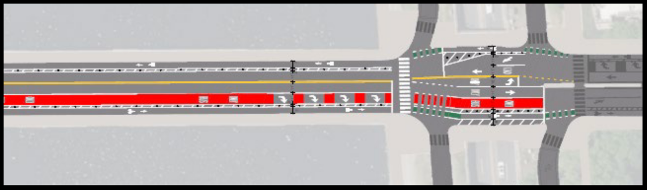 Sketch plans for MassDOT's proposed roadway reconfiguration of the Mass. Ave. Bridge where it enters Cambridge. The new bridge cross-section will feature two bike lanes next to the sidewalks, a northbound bus/right-turn lane, and two general-purpose motor vehicle lanes.