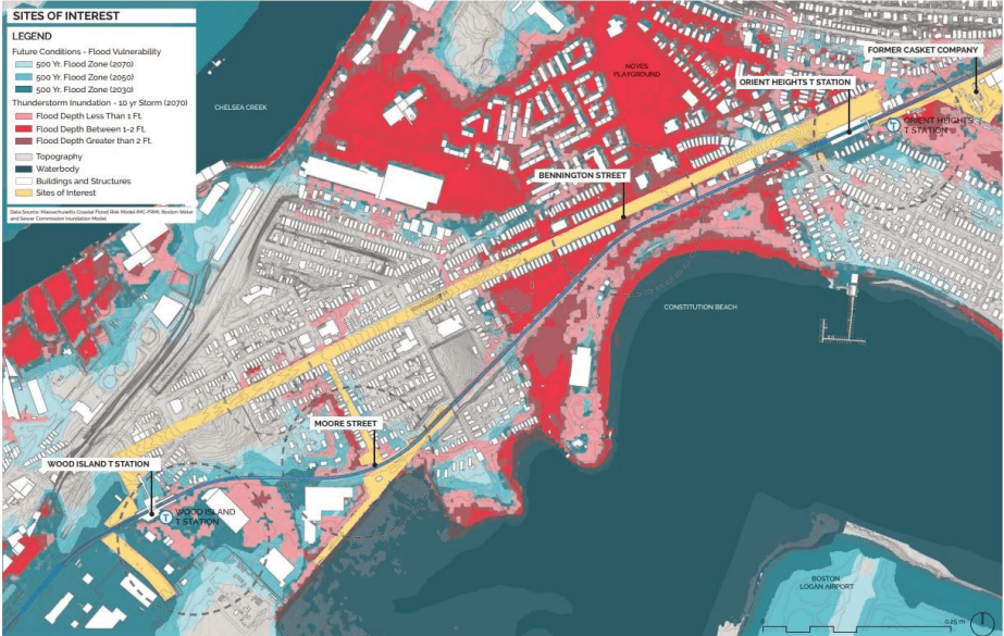 mapa de East Boston con as zonas a riesgo de inundacion cerca de las estaciones de la Linea Azul