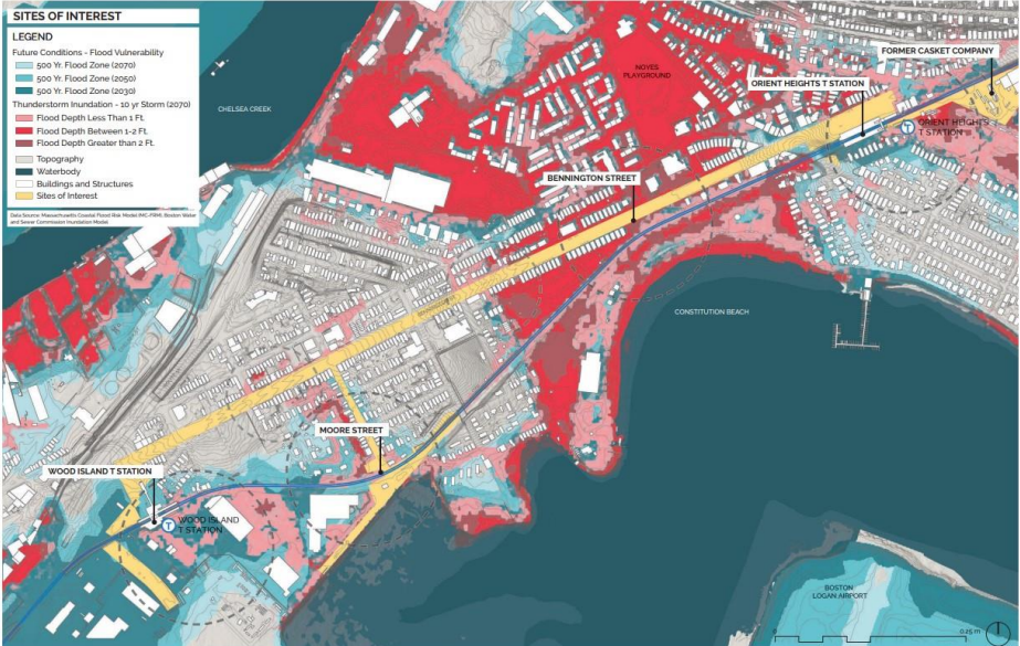 map of East Boston showing Woodland and Orient Heights stations and their susceptibility to flooding