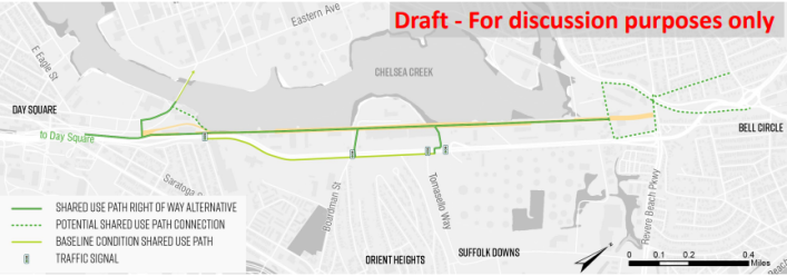 grey map of the old rail corridor in east Boston showing possible locations for shared paths
