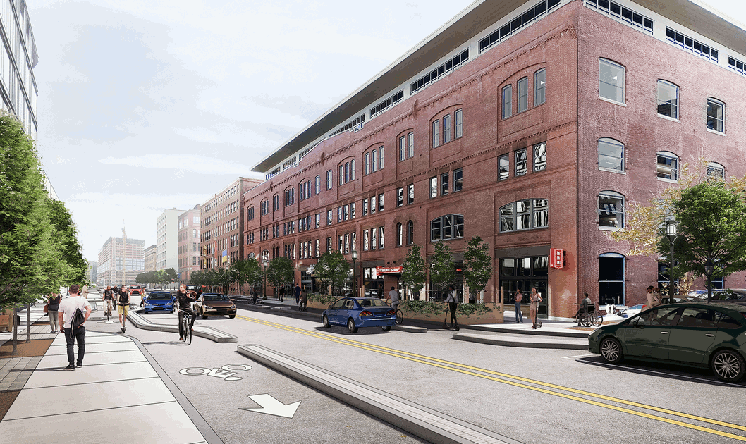 An animated GIF showing Congress Street in Fort Point as it is today – a wide two-lane street with on-street parking on both sides – alongside a rendering of how the street will look after a reconstruction project is finished, with protected bike lanes and widened sidewalks.