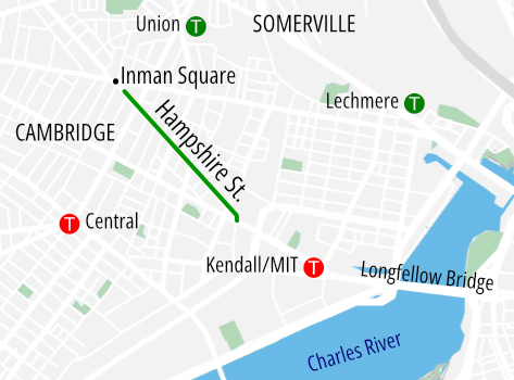 Map showing the location of Hampshire Street in Cambridge. Hampshire runs in a northwest-southeast direction between Inman Sq., in the upper left (northwest) corner of the map, to Kendall Square, in the center of the map. The Charles River and Back Bay neighborhood of Boston are in the lower-right (southeast) corner of the map.