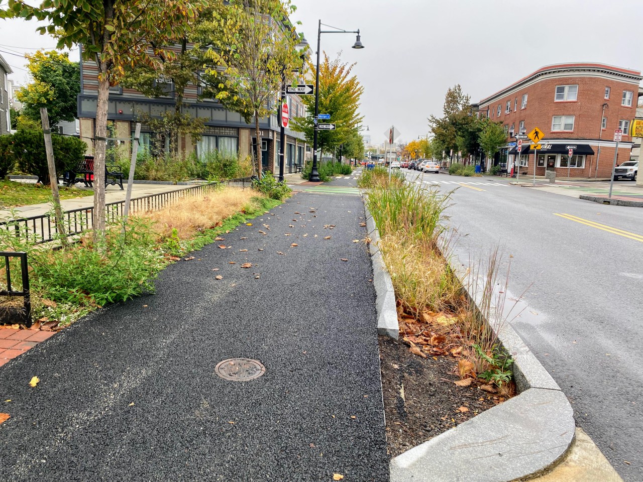 Un ejemplo de una isla con vegetación a lo largo de Somerville Avenue en la Ciudad de Somerville. La isla con vegetación a lo largo del camino de bici sirve como una barrera entre los ciclistas y los vehículos mientras absorbe y filtra las aguas pluviales.