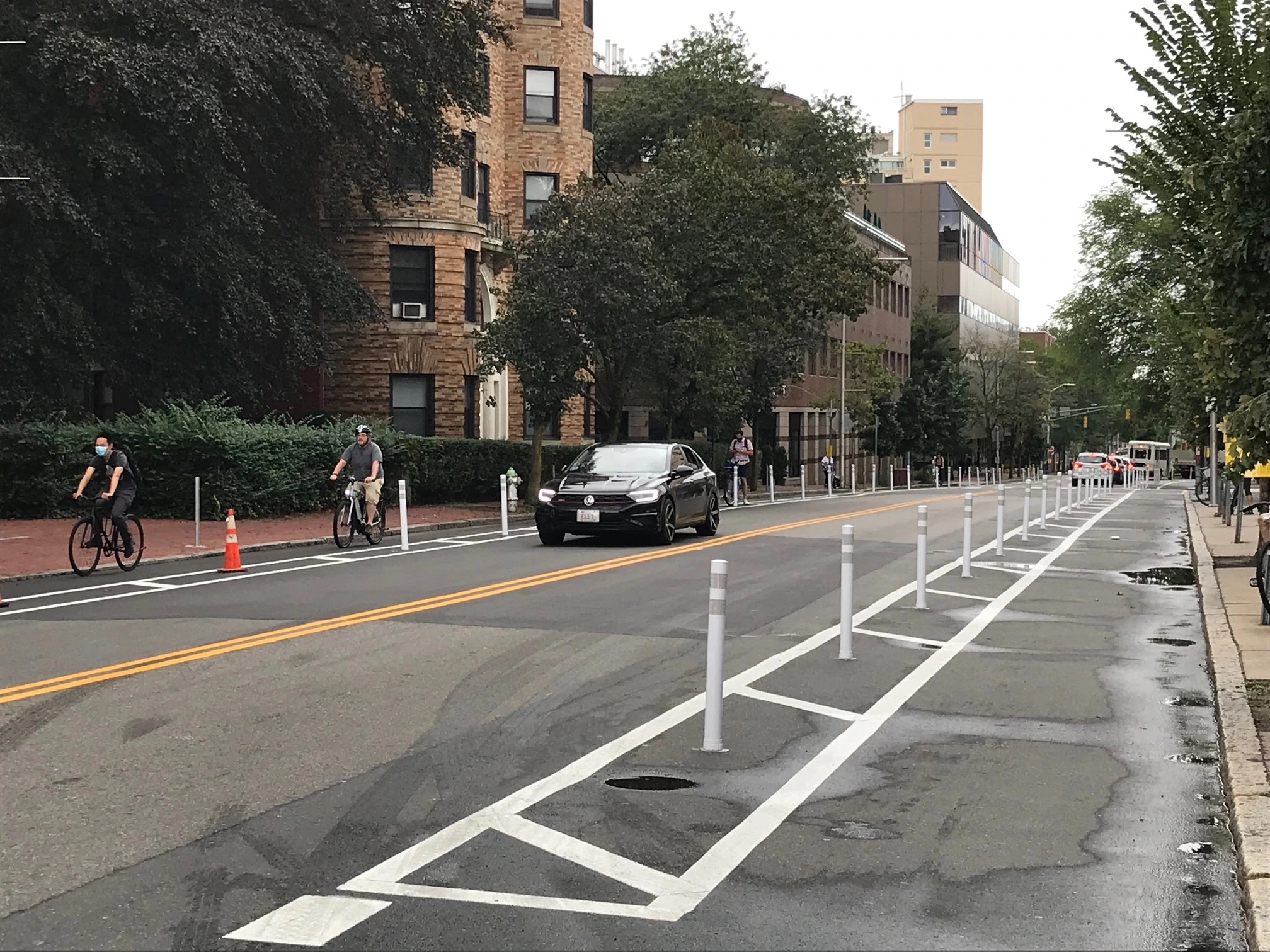 Two people ride bikes along new bike lanes, separated from the car lanes by rows of white flexible-post bollards, on Massachusetts Avenue near Dana Street in Cambridge.