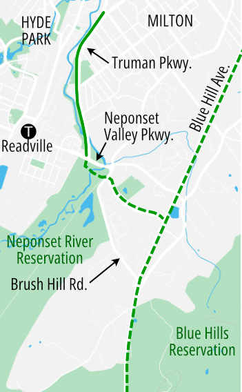 A map of DCR's proposed Neponset-to-Blue Hills trail connection. Blue Hills Reservation is in the southeast corner of the map (lower right) and the Neponset River Reservation is in the southwest corner (lower left). In the upper left (northwest) corner of the map is the Hyde Park neighborhood of Boston. DCR is proposing a new shared-use pathway from Truman Parkway, which runs along the Neponset River between Hyde Park and Milton, to Blue Hill Avenue. A dashed line running roughly-north-south along Blue Hill Avenue through the center of the map indicates where MassDOT is planning to build a separate shared-use pathway along Blue Hill Avenue. An existing shared-use path along Truman Parkway is illustrated as a solid green line at upper left. The proposed DCR project, illustrated as a dashed line running roughly northwest-to-southeast through the center of the map, would connect the existing Truman Parkway path to the proposed MassDOT path on Blue Hill Ave.