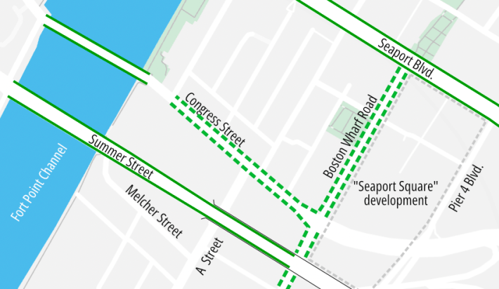 A map of Fort Point in Boston highlighting Congress Street and Boston Wharf Road, where upcoming construction projects will widen sidewalks and create protected bike lanes to connect other existing bike lanes on the Congress St. Bridge over Fort Point Channel and Seaport Boulevard.