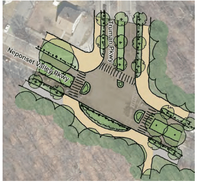 Proposed design for the intersection of Truman Parkway and Neponset Valley Parkway, where the Neponset Greenway currently ends. The existing slip lane turning right from Truman Parkway eastward to Neponset Valley Parkway would be eliminated and the turning radiuses would be tightened where possible, a traffic calming and safety measure that slows down cars as they turn. Courtesy of DCR and Toole Design.