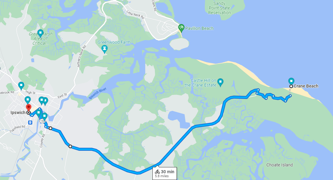 Map showing the route from Ipswich to Crane Beach via a blue line.