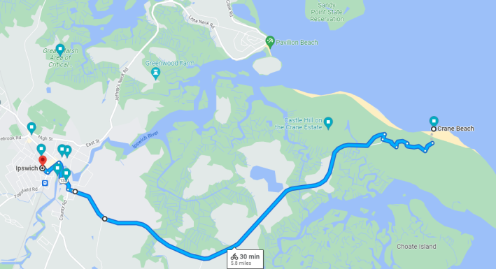 Map showing the route from Ipswich to Crane Beach via a blue line.