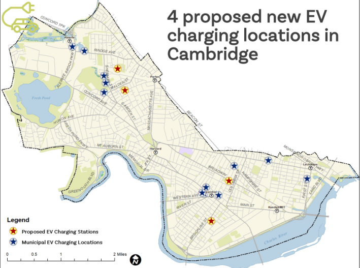 City of Cambridge map showing proposed EV charging station locations with red stars and municipal EV charging station locations with blue stars.
