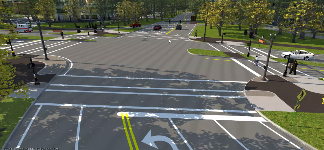 A 3-D rendering looking northbound showing the conversion of Murray Circle into a signalized intersection as part of the proposed preferred alternative shared during DCR’s public meeting earlier this month. Here, Centre Street runs left and right. The design aims to reduce crossing distances for pedestrians and bikes while still accommodating turns for cars in each direction.