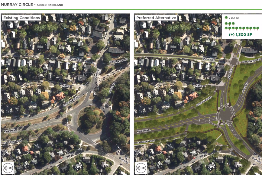 A side by side comparison of Murray Circle as it exists today (left) and what it could look like after the conversion to a signalized intersection as part of the preferred alternative design (right).