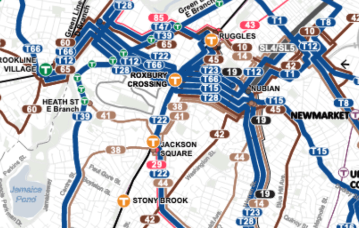A detail of the MBTA's bus network redesign map, showing the new T22, T15, and T23 routes will use Columbus Avenue and Tremont Street between Jackson Square and Ruggles.
