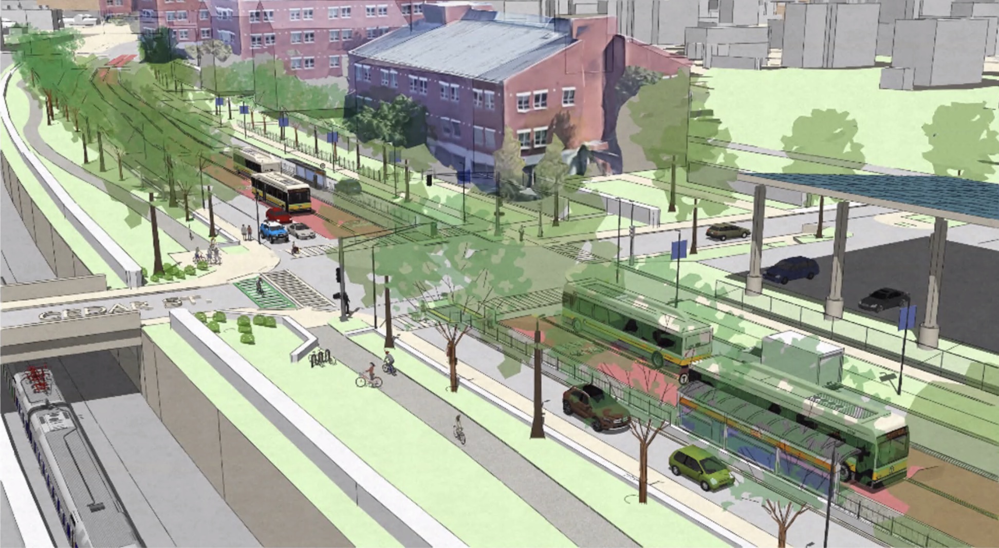 A rendering of a proposed Columbus Avenue busway, looking down at the street from above, with the Northeast Corridor railroad tracks at left, the Southwest Corridor bike and walking paths, and center-running bus lanes on Columbus Avenue, with bus shelters located between the bus lanes and the general-purpose motor vehicle lanes.