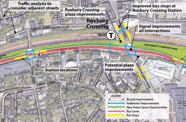 A plan view of proposed safety upgrades and bus improvements along Columbus Avenue and Tremont Street in Roxbury. Red lines running along the length of Columbus/Tremont indicate new center-running bus lanes; blue lines at intersections indicate new and upgraded crosswalks. New bus stop platforms would be located in the middle of Columbus Ave. at the intersection of Cedar St. and in Tremont St. near the Reggie Lewis Athletic Center, along with enhanced bus stops on Tremont St. in front of Roxbury Crossing.