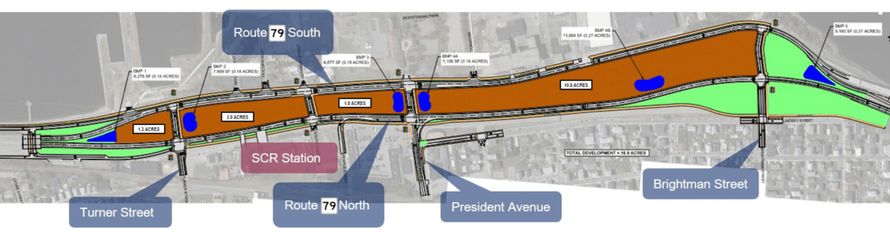A plan view of MassDOT's Route 79 project in Fall River. The aerial view shows two two-lane streets running roughly parallel along the riverfront, with riverfront piers to the west (top of the image) and residential neighborhoods to the east (bottom). Through the center of the image - the path of the current expressway - four elongated quadrangles indicate land that will be available for new development. New cross-street connections will also be located at Turner St., Hathaway St. (near the new South Coast Rail station), President Ave., and Brightman St. Near Brightman St. is a large green area denoting new parkland where the roadway transitions to the Veterans Bridge interchange.