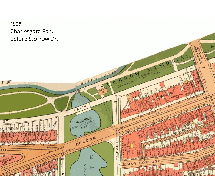 An animated GIF illustrates how the Charles River Embankment Park has changed over the years with the construction of new highways. The first frame shows a 1938 map of the neighborhood, with extensive green space along the riverfront and in Charlesgate Park, where the Muddy River flows from the Fenway. A modern-day aerial view of the same area shows how the Bowker Overpass and Storrow Drive has obliterated the parkland with highway ramps and put the mouth of the Muddy River into an underground pipe. A final frame in the animation shows MassDOT's plans to reconfigure the highway ramps in the area and unearth the mouth of the Muddy River on an enlarged waterfront path.