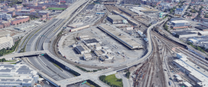 A bird's-eye view of Widett Circle, located between Interstate 93 (at left) and the MBTA Cabot Yards (upper right) and Amtrak's Southampton rail yards (lower right).