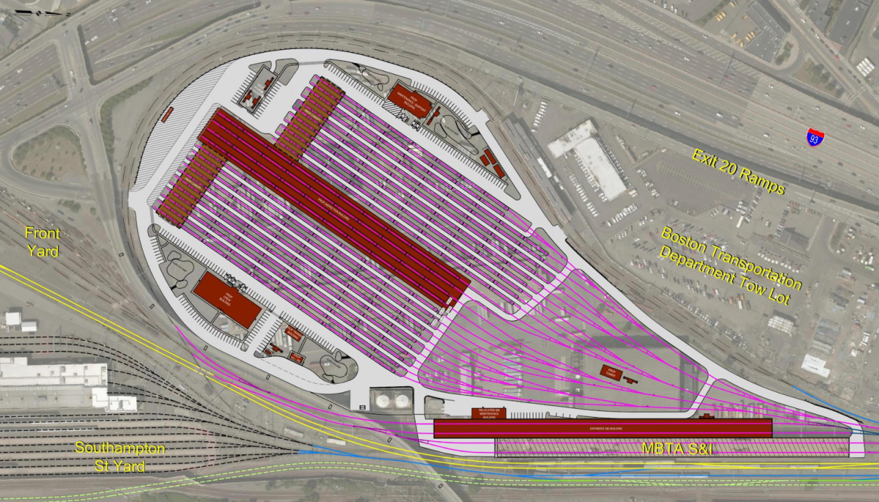 A plan view of Widett Circle in South Boston, illustrating the T's conceptual plans to fill the circle with storage tracks for a commuter rail layover facility. In the aerial view, Widett Circle is a teardrop shape, with its thick end outlined in a loop at the left side of the picture (south), and coming to a point at the lower right corner (north). Interstate 93 curves around the top of the teardrop at the top of the picture, and the MBTA/Amtrak tracks that lead to South Station, along with existing rail sidings, run in a straight line at the bottom. An overlaid sketch shows how dozens of layover tracks would fill the middle of the teardrop shape, merging together in various switches to re-join the tracks toward South Station at lower right.