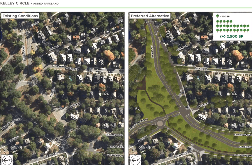 A side by side comparison of Kelley Circle as it exists today and the proposed preferred design presented by Howard Stein Hudson, the planning consultants for the Arborway Parkways Improvement project. Approximately 2,500 square feet of green space will be added through the combination of relocating and reducing the size of the existing roundabout and adding a signalized intersection.