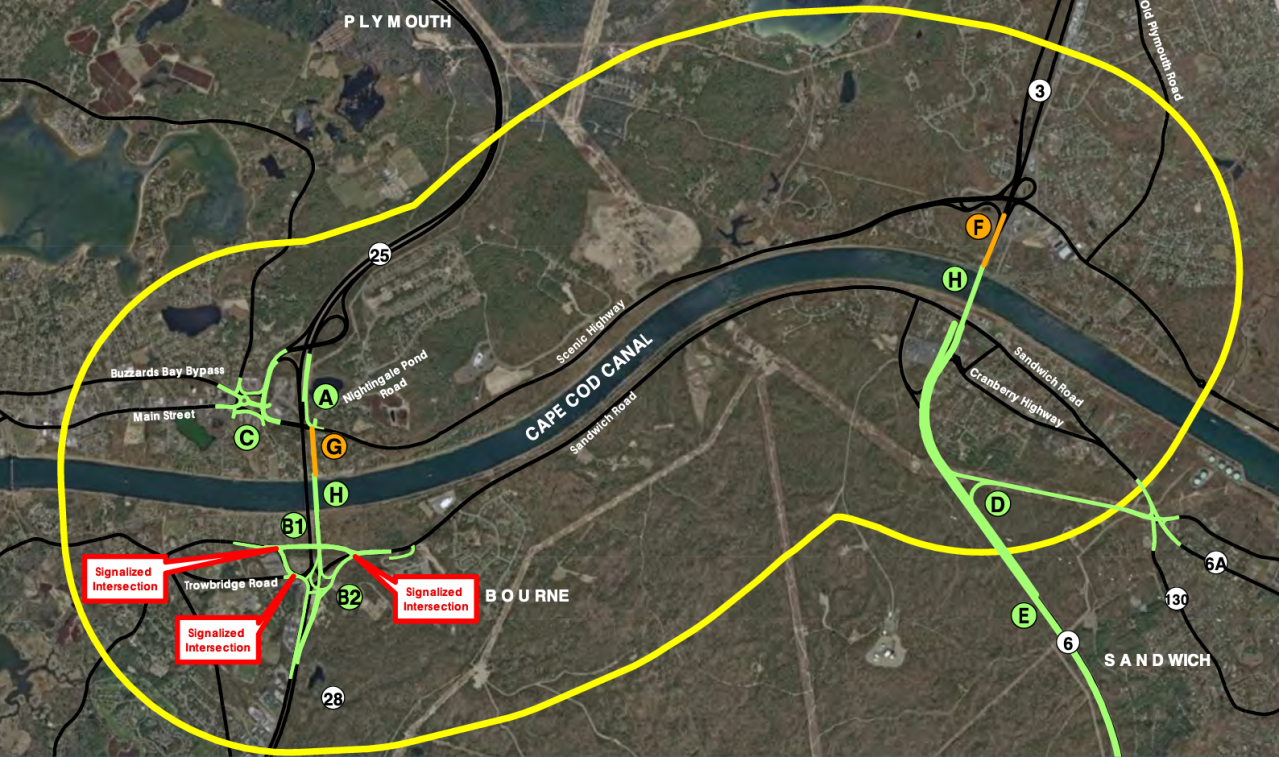 A map of the Cape Cod Canal area in Bourne highlighting MassDOT's proposed road widening projects associated with the replacement of the Bourne and Sagamore Bridges. Lines highlighted in green that radiate out from the two bridges in both direction indicate where MassDOT plans to widen roads, build a new road (from route 6 eastward to Route 6A) and reconfigure highway interchanges.
